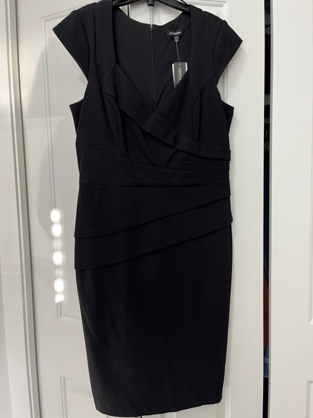 le chateau Black Cap-Sleeve Faux-Wrap Midi Sheath Dress